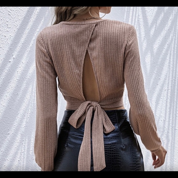 NWOT Top Tied Open Back Solid Brown Pullover - Picture 2 of 3